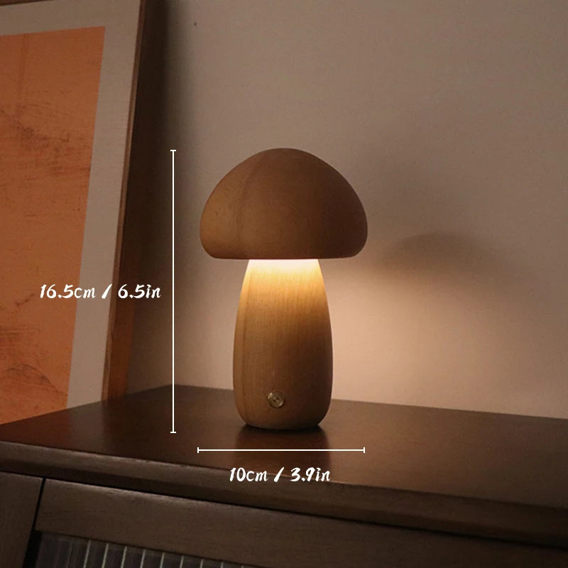 Wooden Mushroom Night Light — Warm Dimmable USB Table Lamp