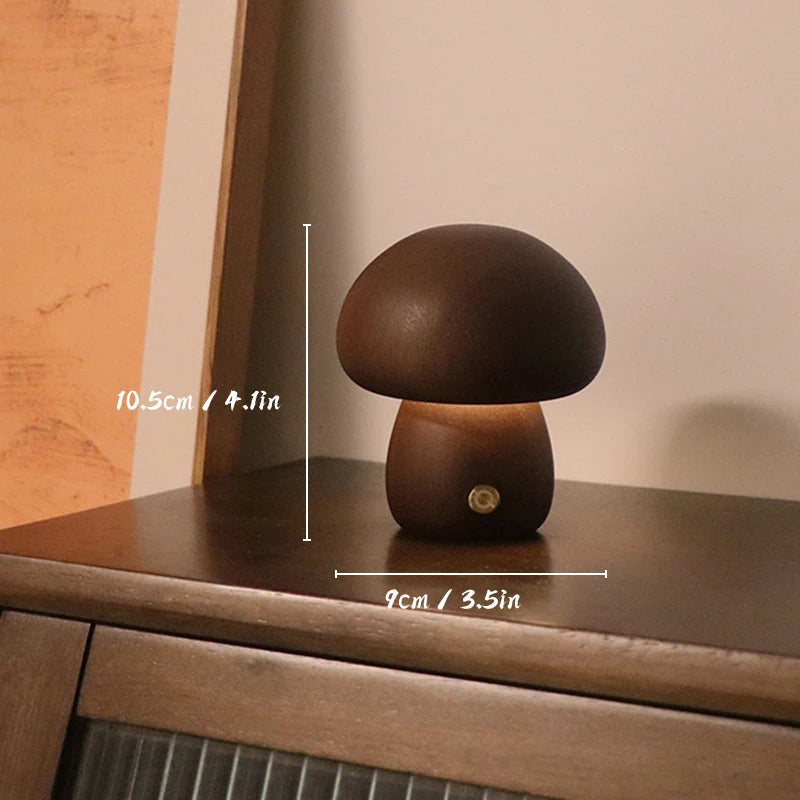 Wooden Mushroom Night Light — Warm Dimmable USB Table Lamp