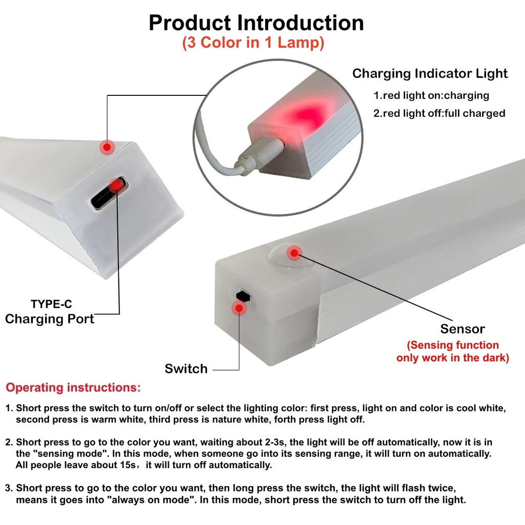 USB Motion Sensor LED Bar Light — Rechargeable Magnetic Cabinet Light