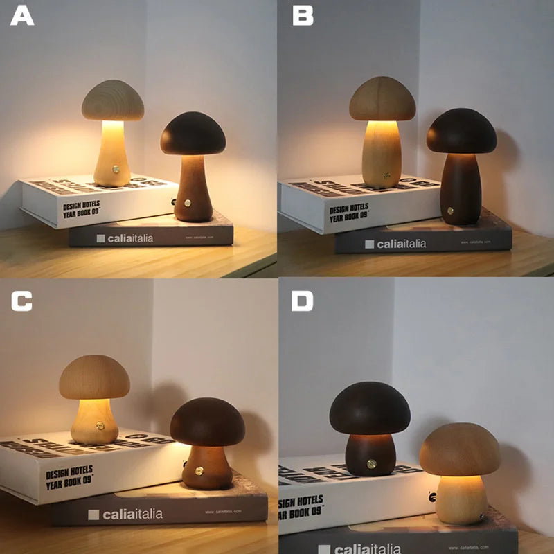 Wooden Mushroom Night Light — Warm Dimmable USB Table Lamp