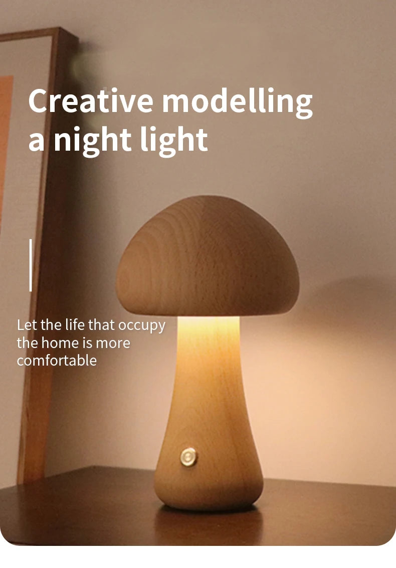Wooden Mushroom Night Light — Warm Dimmable USB Table Lamp