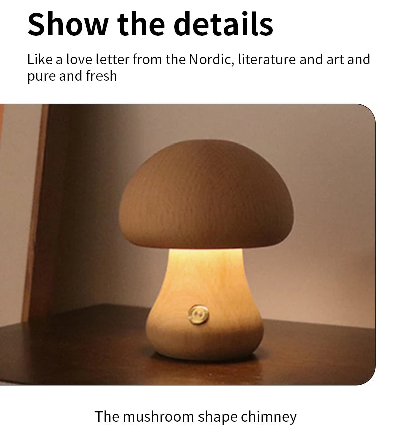 Wooden Mushroom Night Light — Warm Dimmable USB Table Lamp