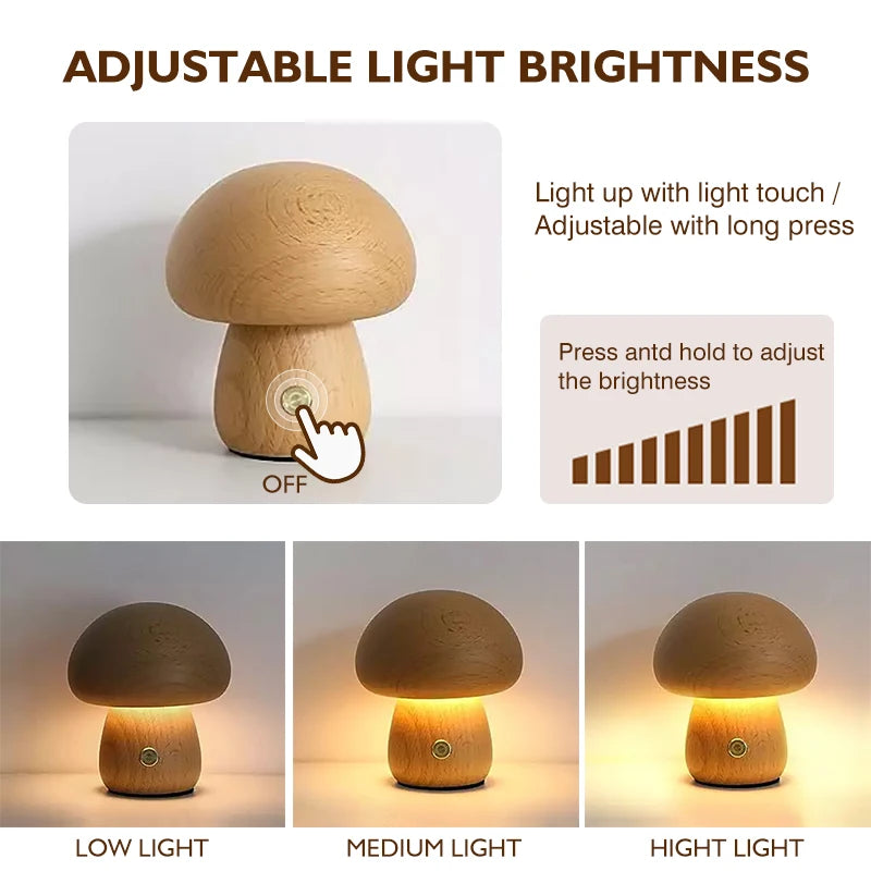 Wooden Mushroom Night Light — Warm Dimmable USB Table Lamp