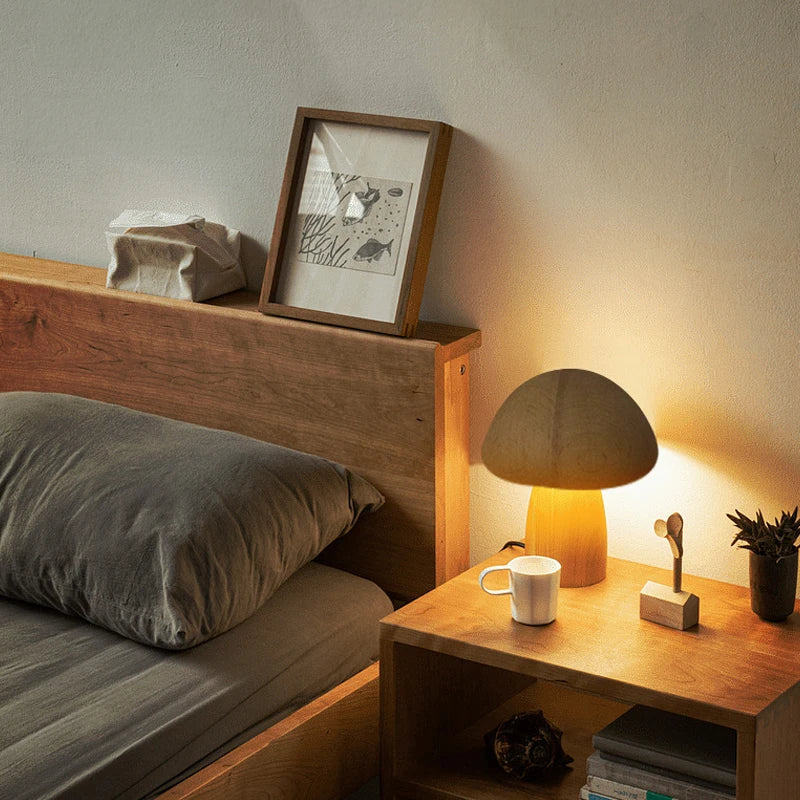 Wooden Mushroom Night Light — Warm Dimmable USB Table Lamp
