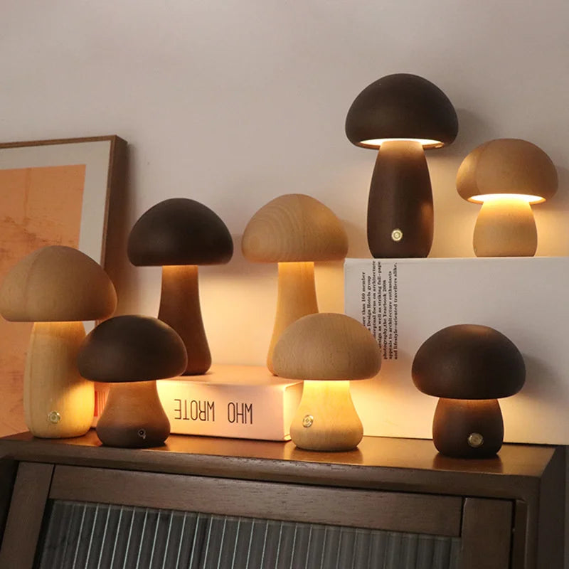 Wooden Mushroom Night Light — Warm Dimmable USB Table Lamp
